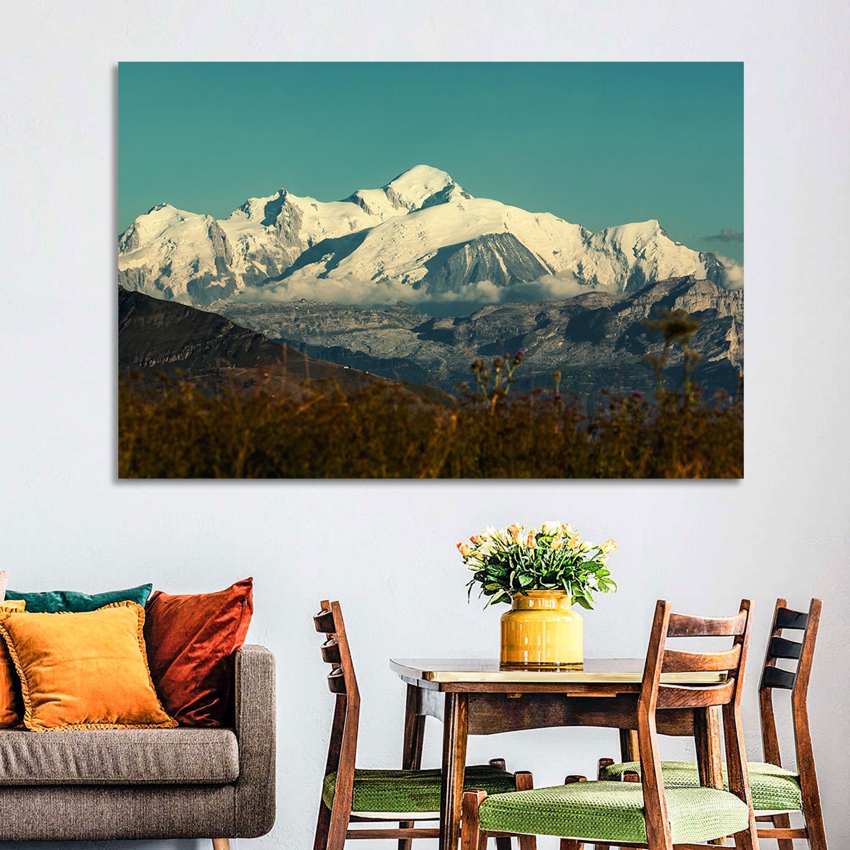 Snowy Mont Blanc Wall Art in a room, landscape