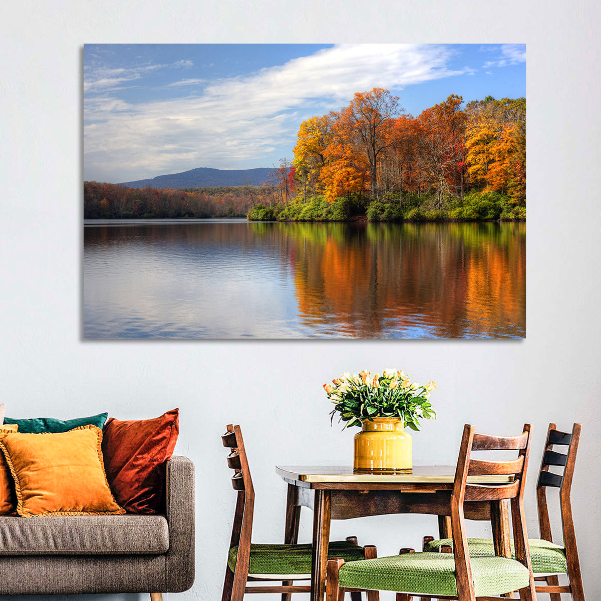 Autumn Lake with Mountain Reflection Wall Art in a room, landscape