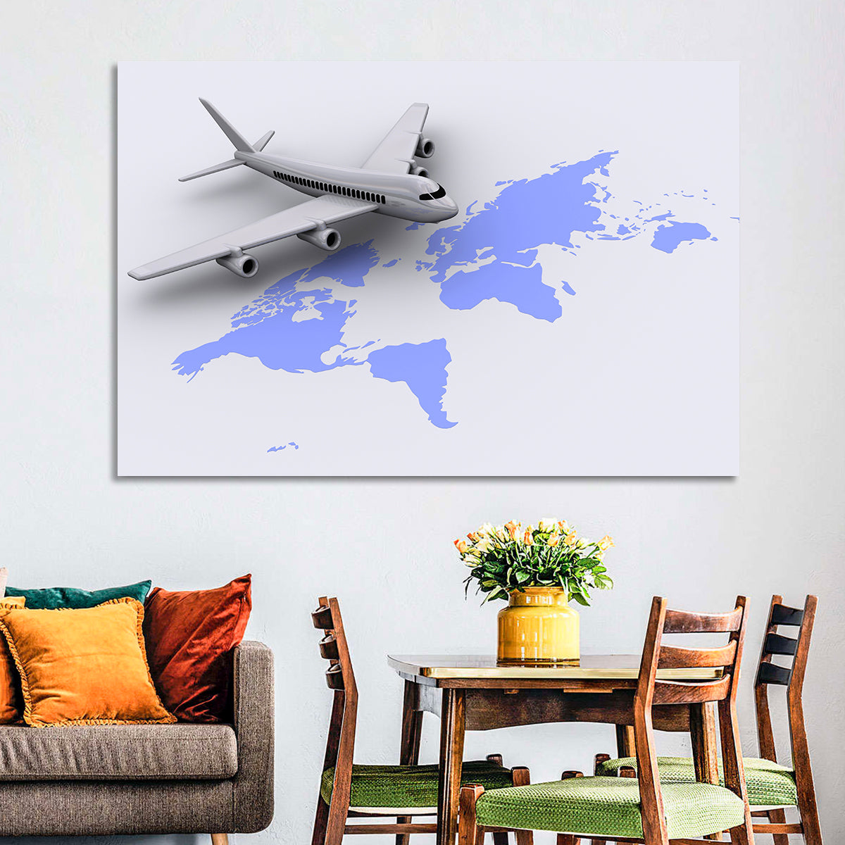 Airplane Over World Map Wall Art in a room, landscape