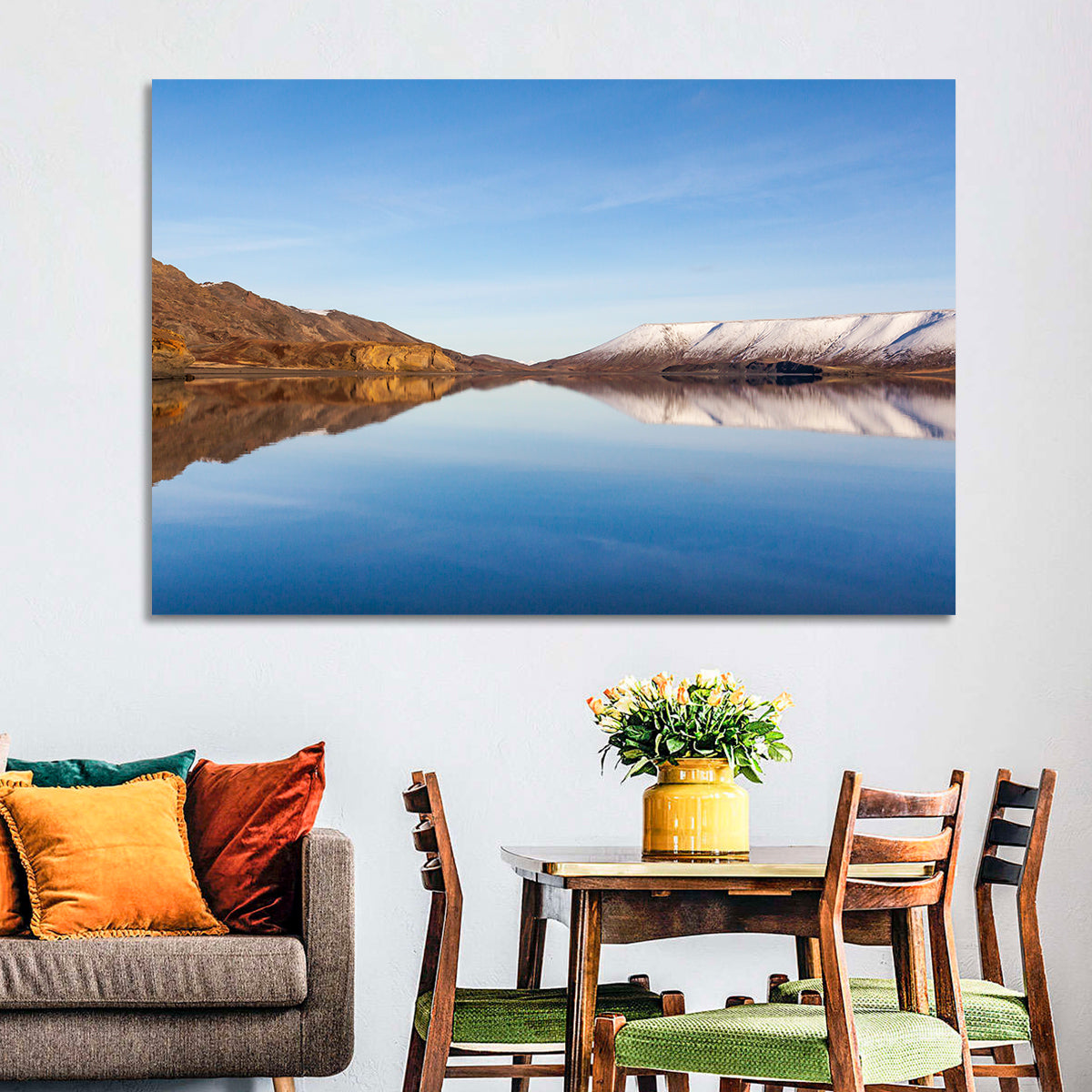 Lake Kleifarvatn Reflection Wall Art in a room, landscape