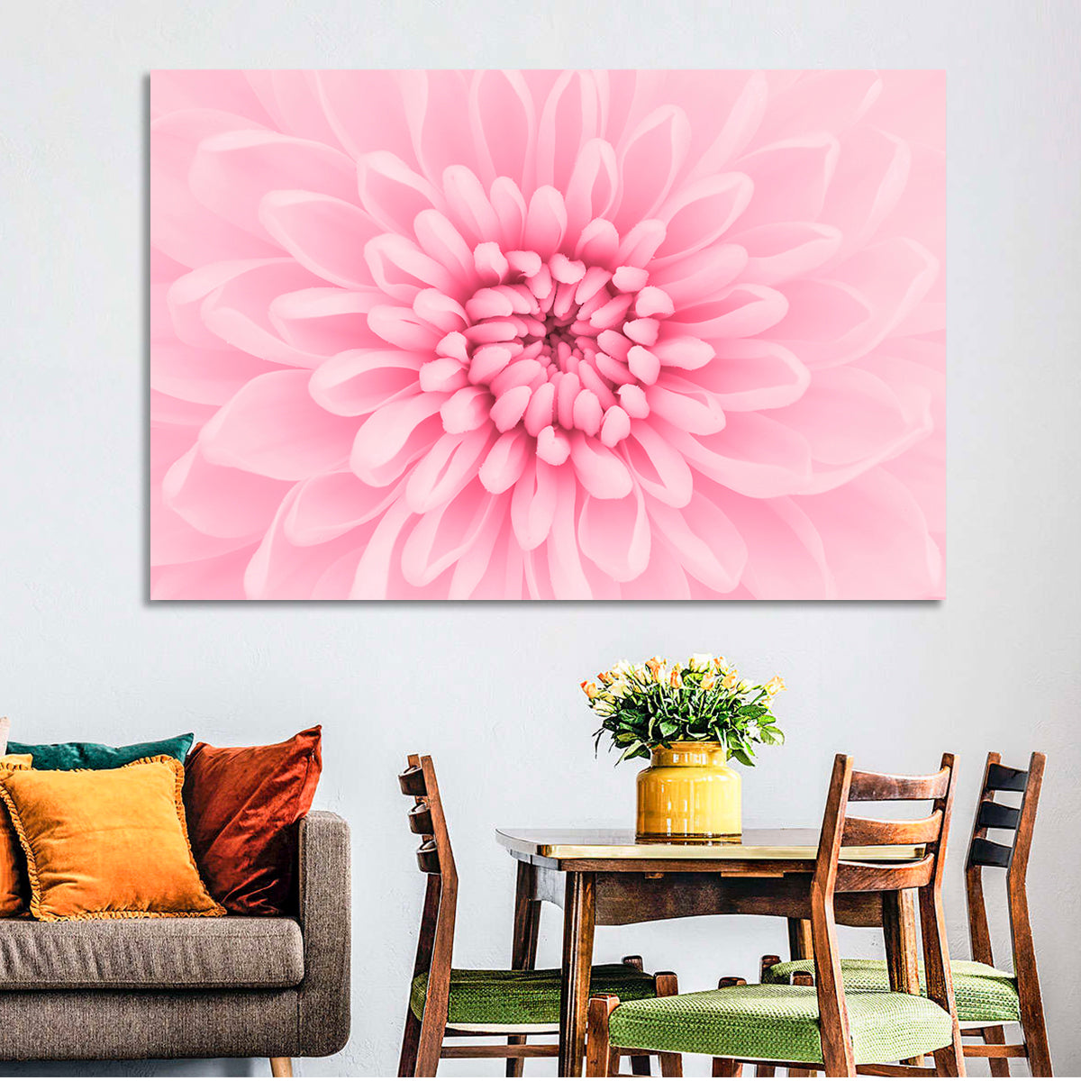 Pink Chrysanthemum Close-up Wall Art in a room, landscape