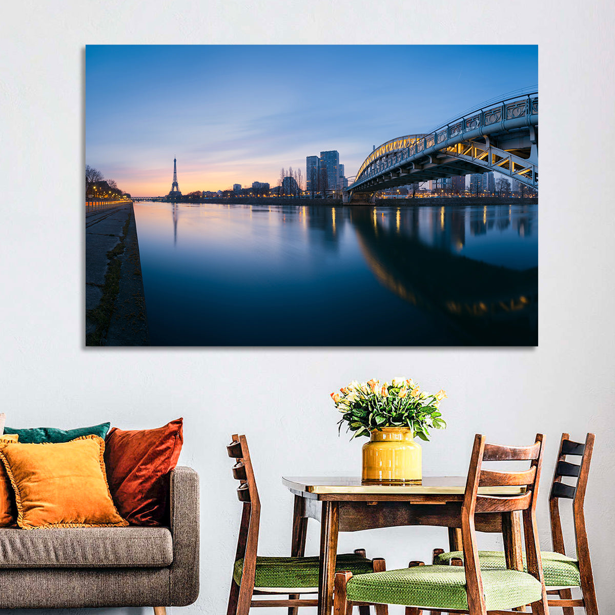 Eiffel Tower Golden Hour Reflection Wall Art in a room, landscape