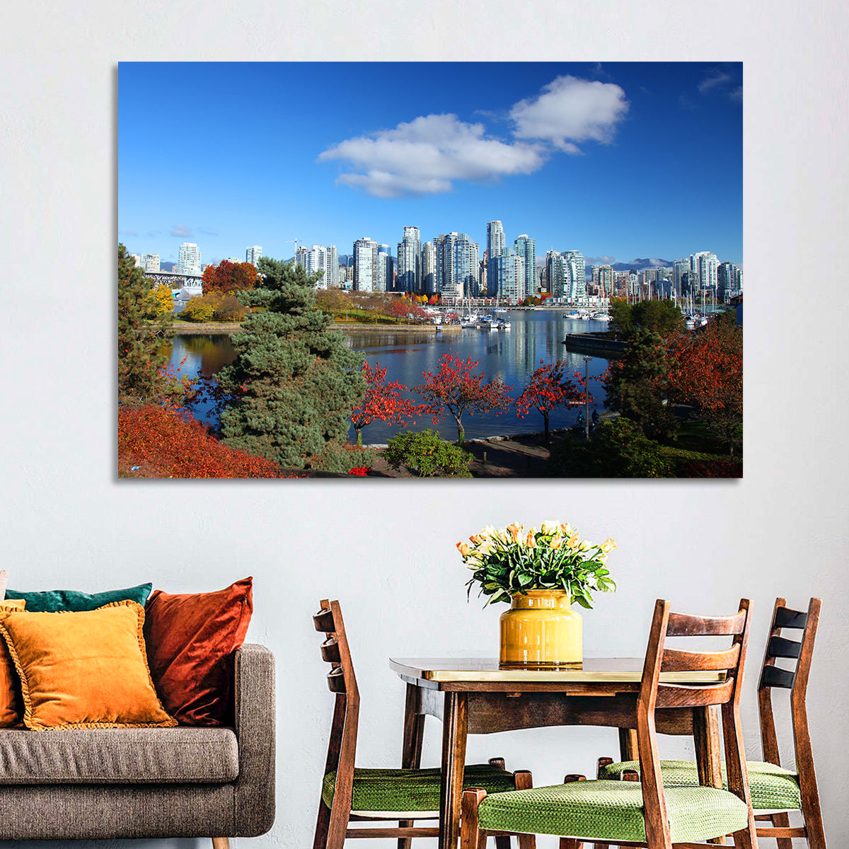Vancouver Autumn Skyline Wall Art in a room, landscape