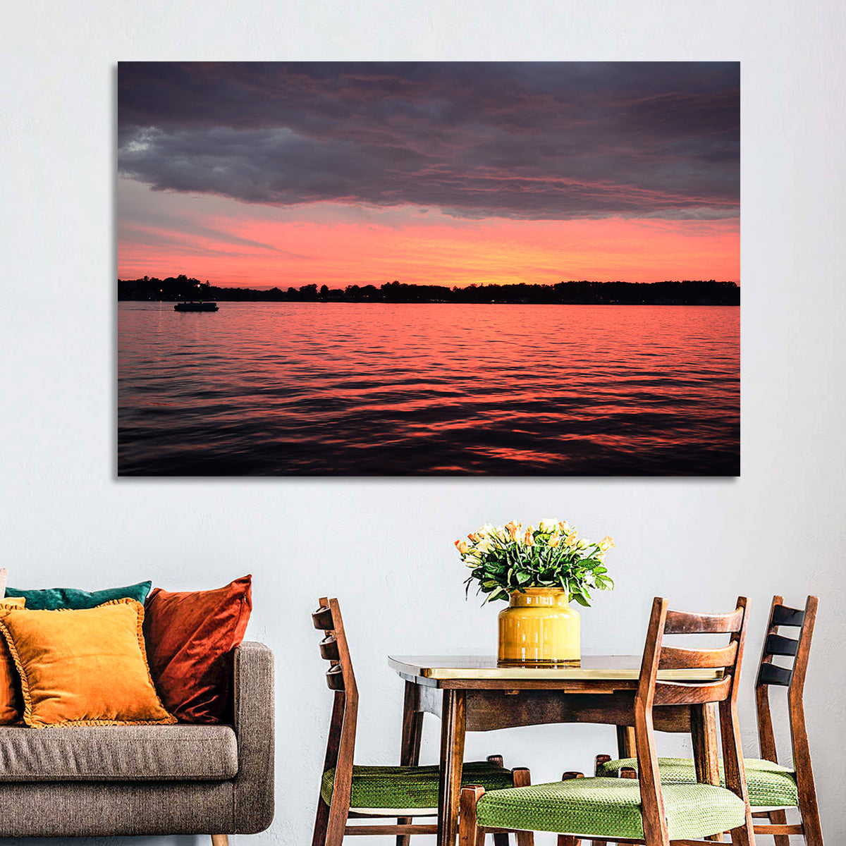Lake James Sunset with Boat Wall Art in a room, landscape