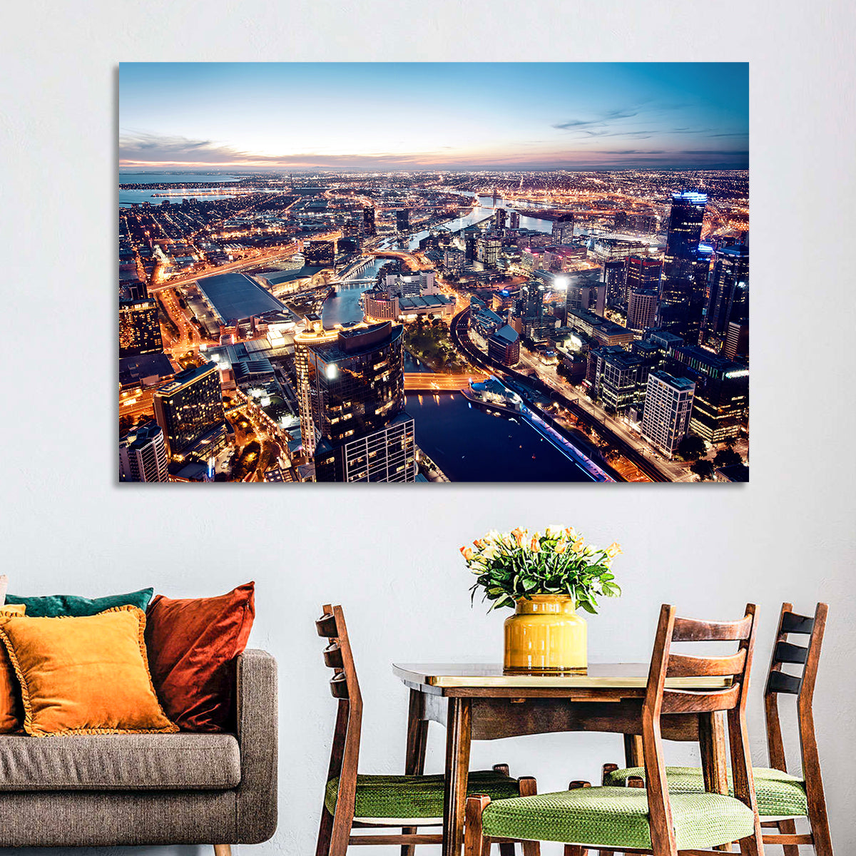 Melbourne Twilight Skyline Wall Art in a room, landscape