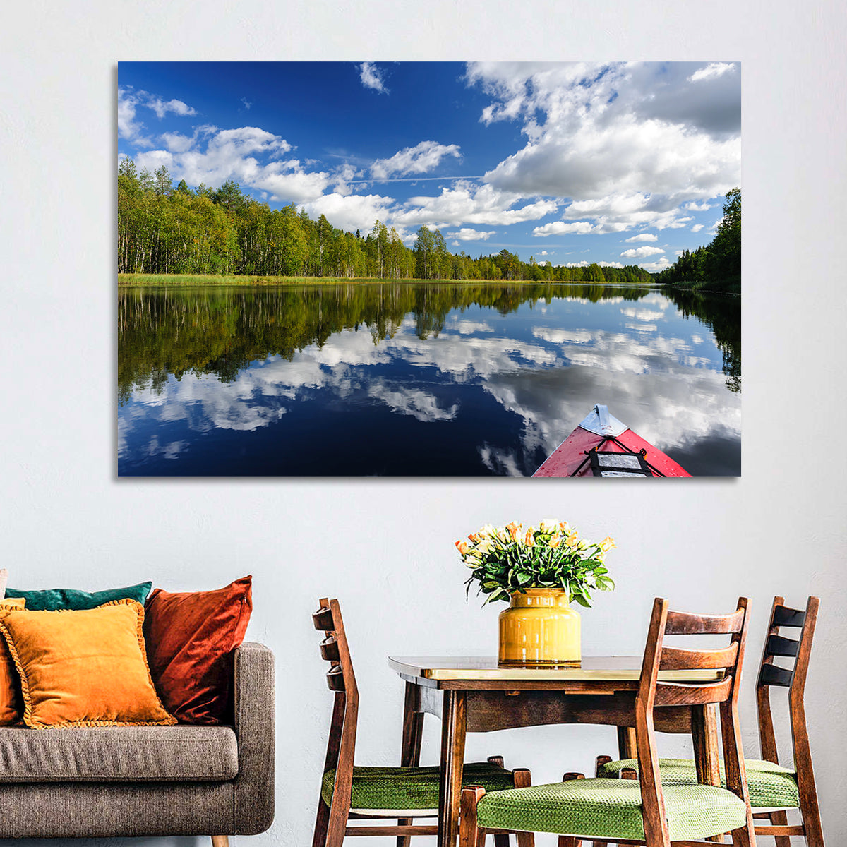 Karelia Kayak Reflection Wall Art in a room, landscape