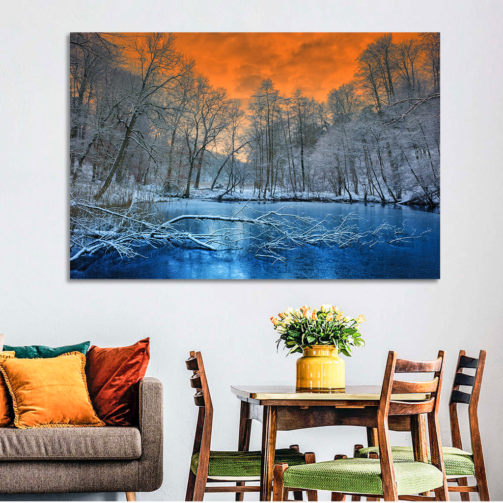 Sunset Over Winter Forest Lake Wall Art