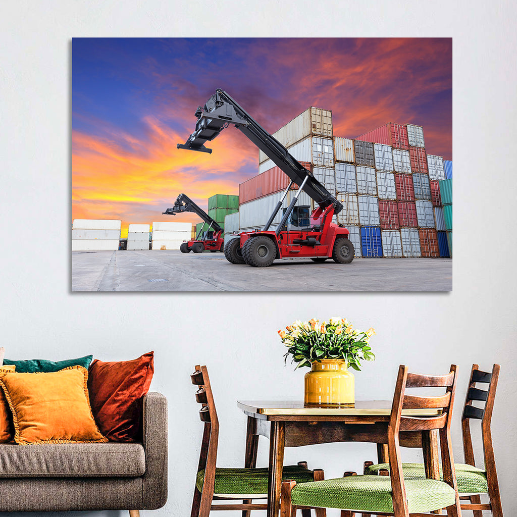 Red Reach Stackers at Sunset Wall Art