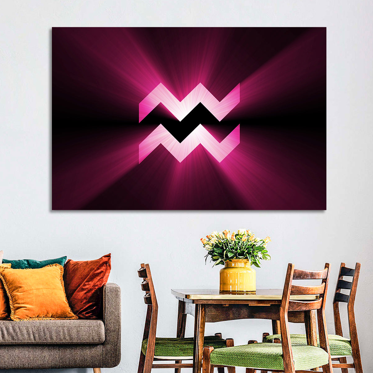 Magenta Aquarius Symbol Wall Art in a room, landscape