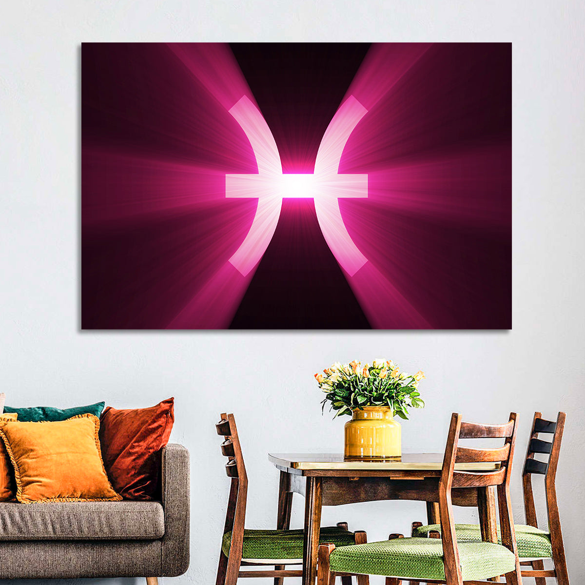 Magenta Pisces Symbol Wall Art in a room, landscape