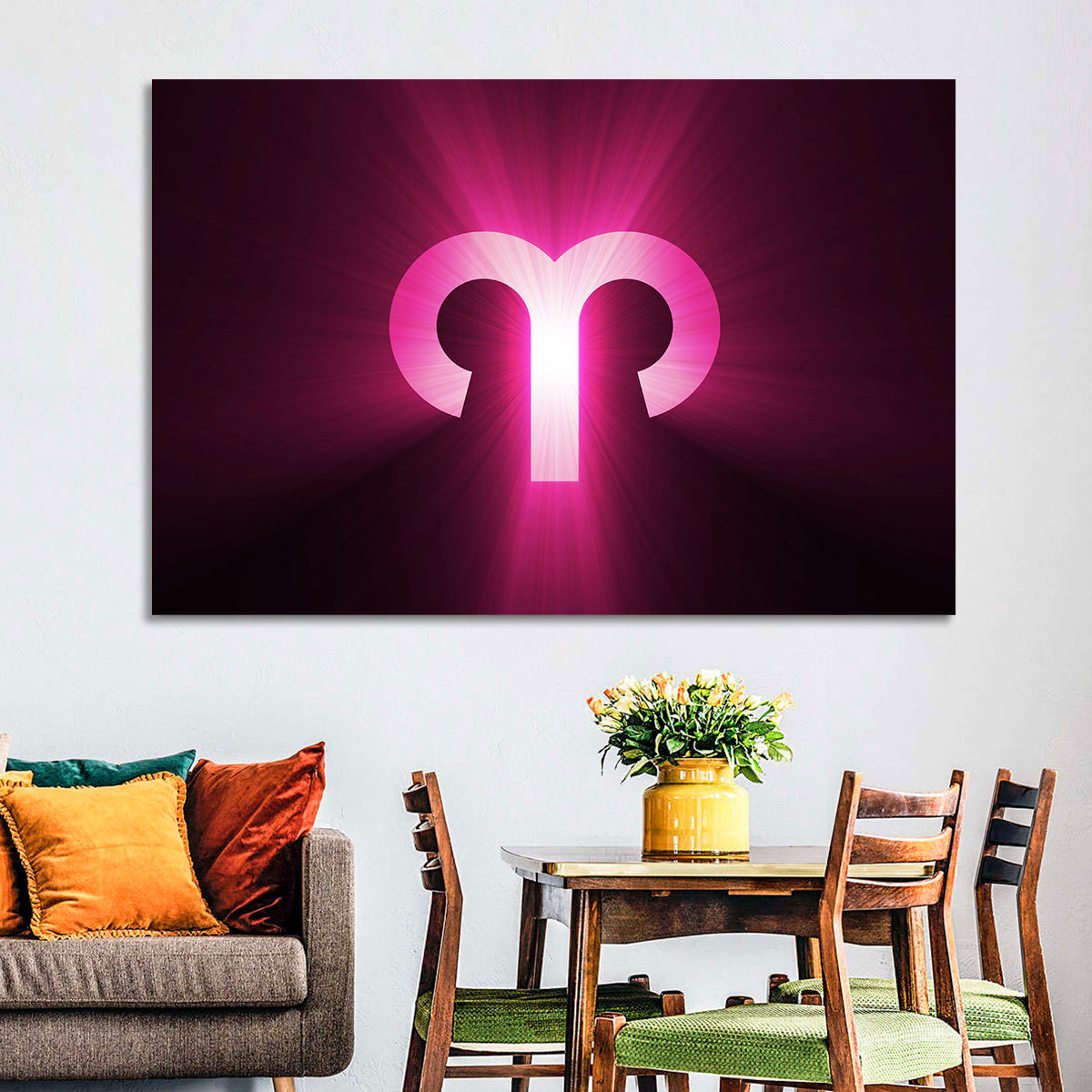 Radiant Aries Zodiac Emblem Wall Art in a room, landscape