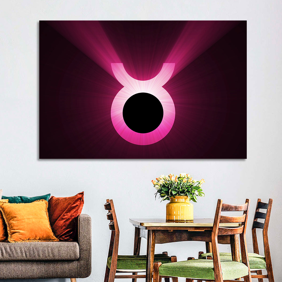 Glowing Pink Taurus Symbol Wall Art in a room, landscape