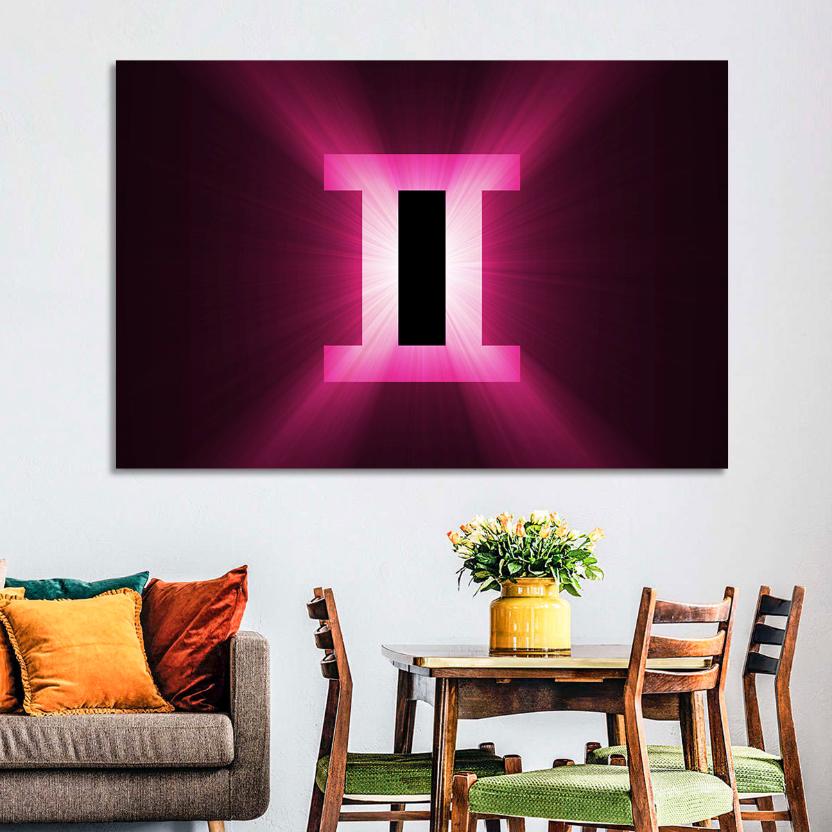 Radiant Gemini Symbol Wall Art in a room, landscape
