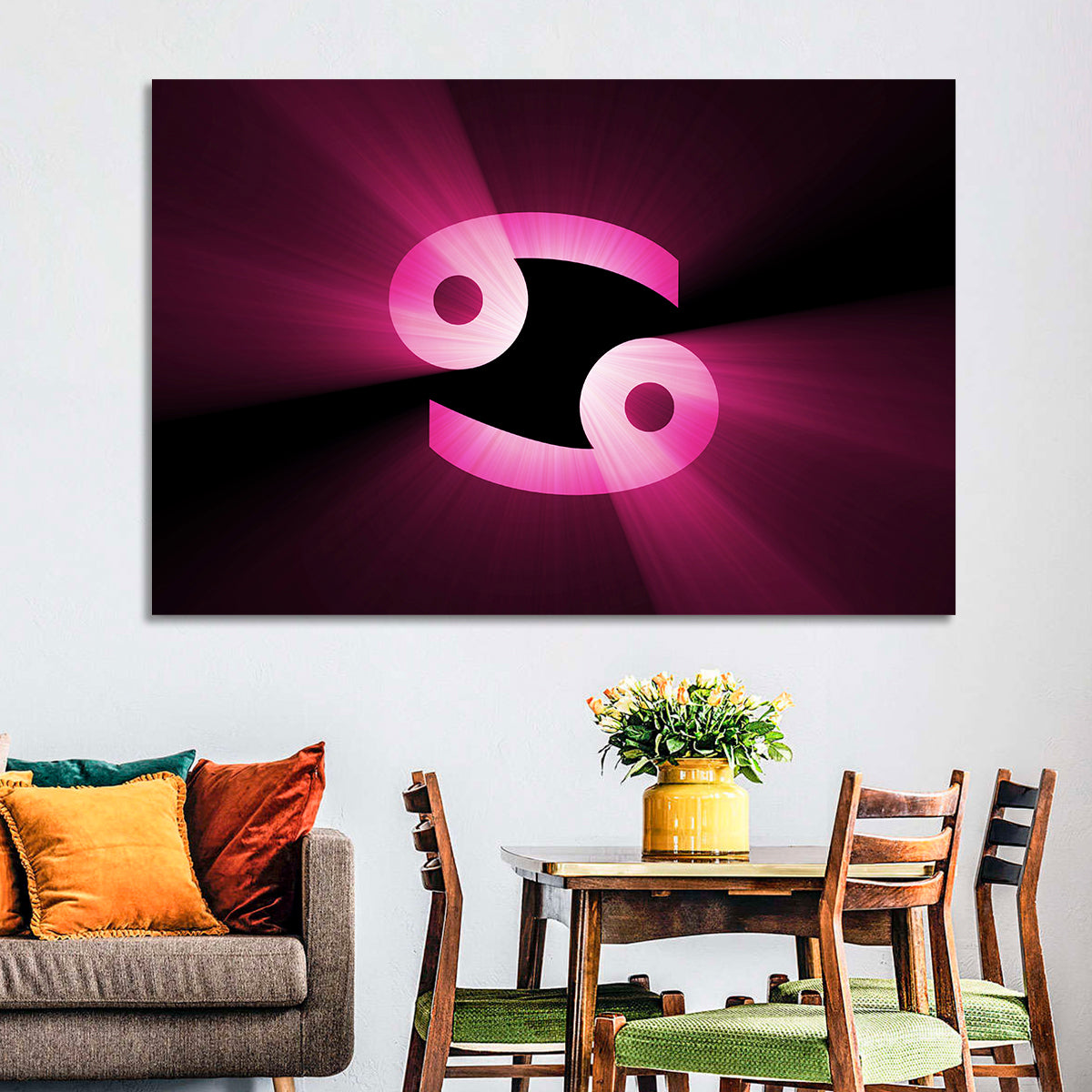 Glowing Pink Cancer Symbol Wall Art in a room, landscape
