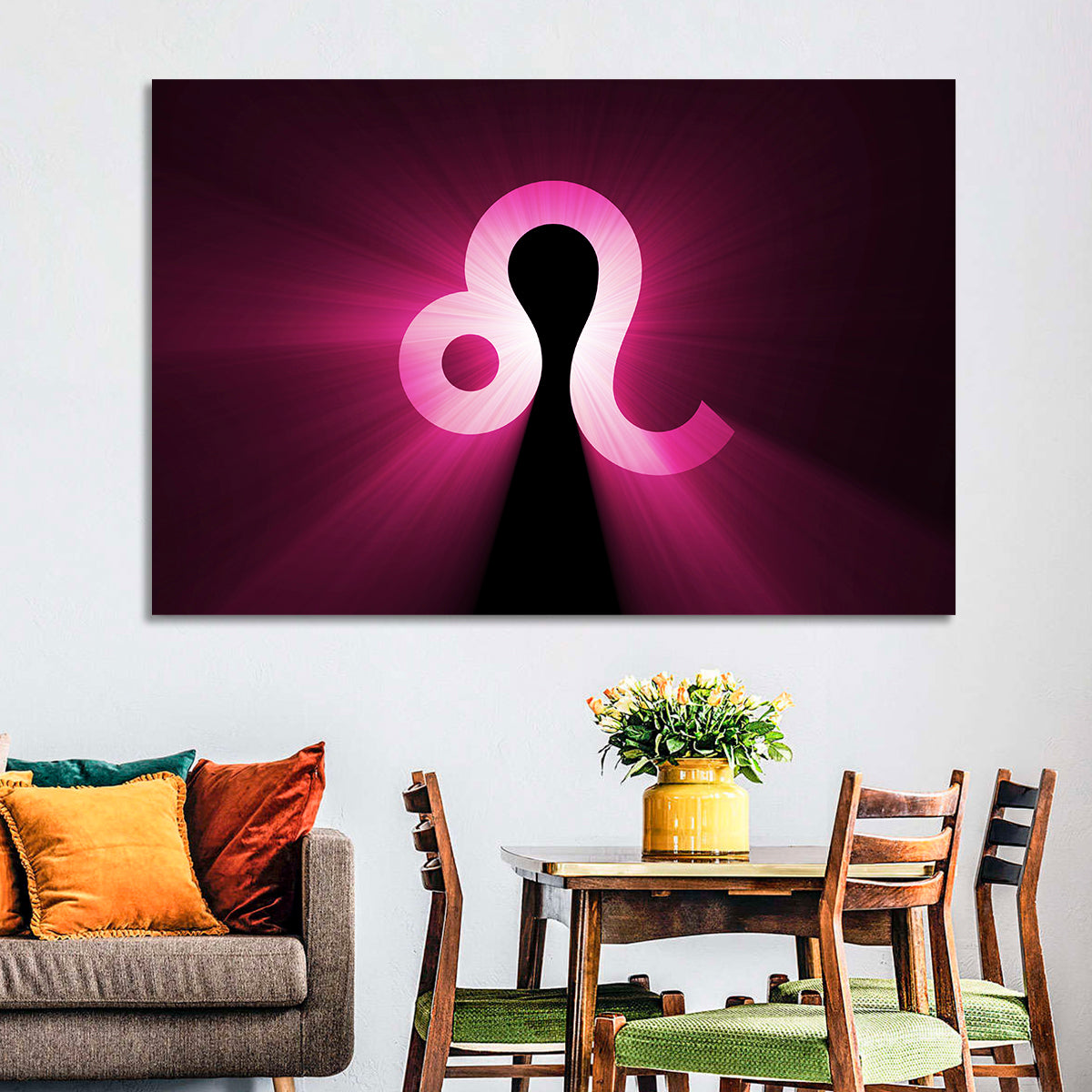 Glowing Magenta Leo Symbol Wall Art in a room, landscape