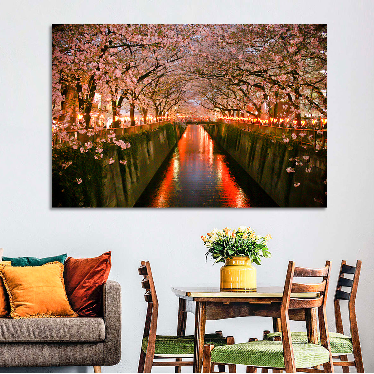 Meguro River Cherry Blossoms Wall Art in a room, landscape