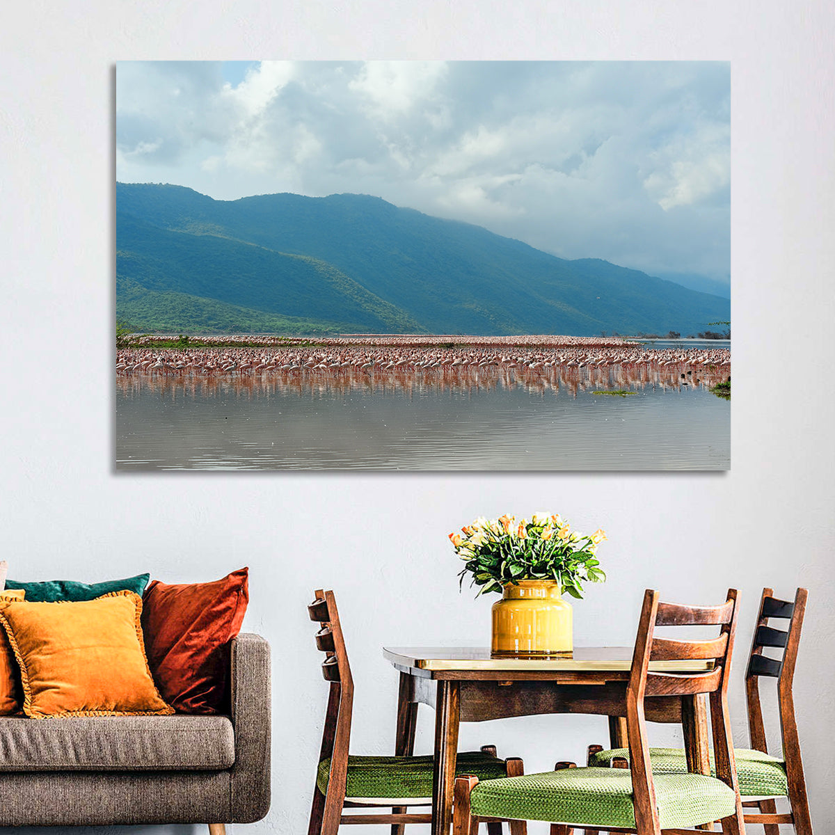 Flock of Flamingos at Lake Bogoria Wall Art in a room, landscape