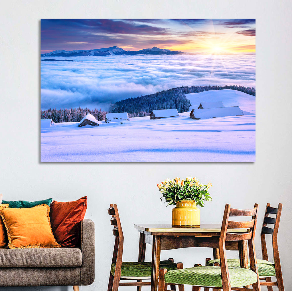 Snowy Cabins Above Clouds Wall Art
