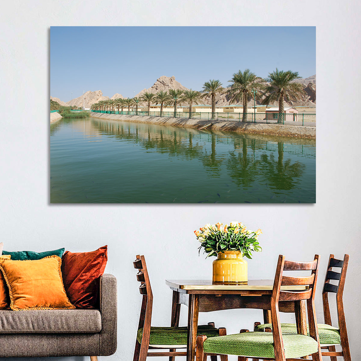 Palm Lake Reflections Wall Art in a room, landscape