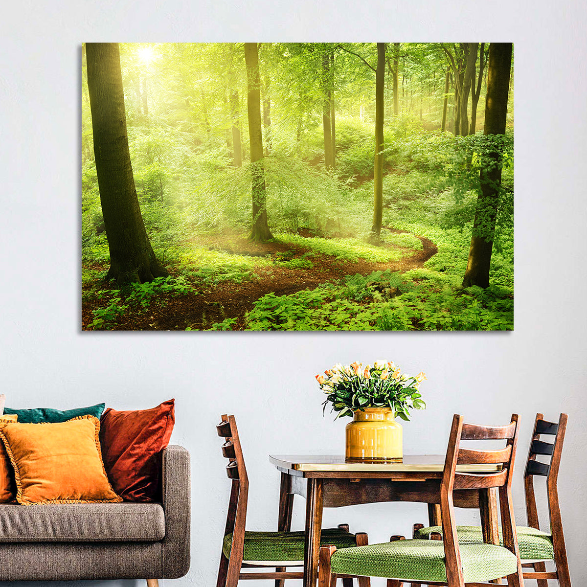 Sunlit Forest Path Wall Art in a room, landscape