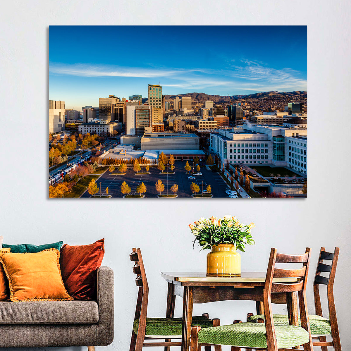 Salt Lake City Skyline at Golden Hour Wall Art in a room, landscape