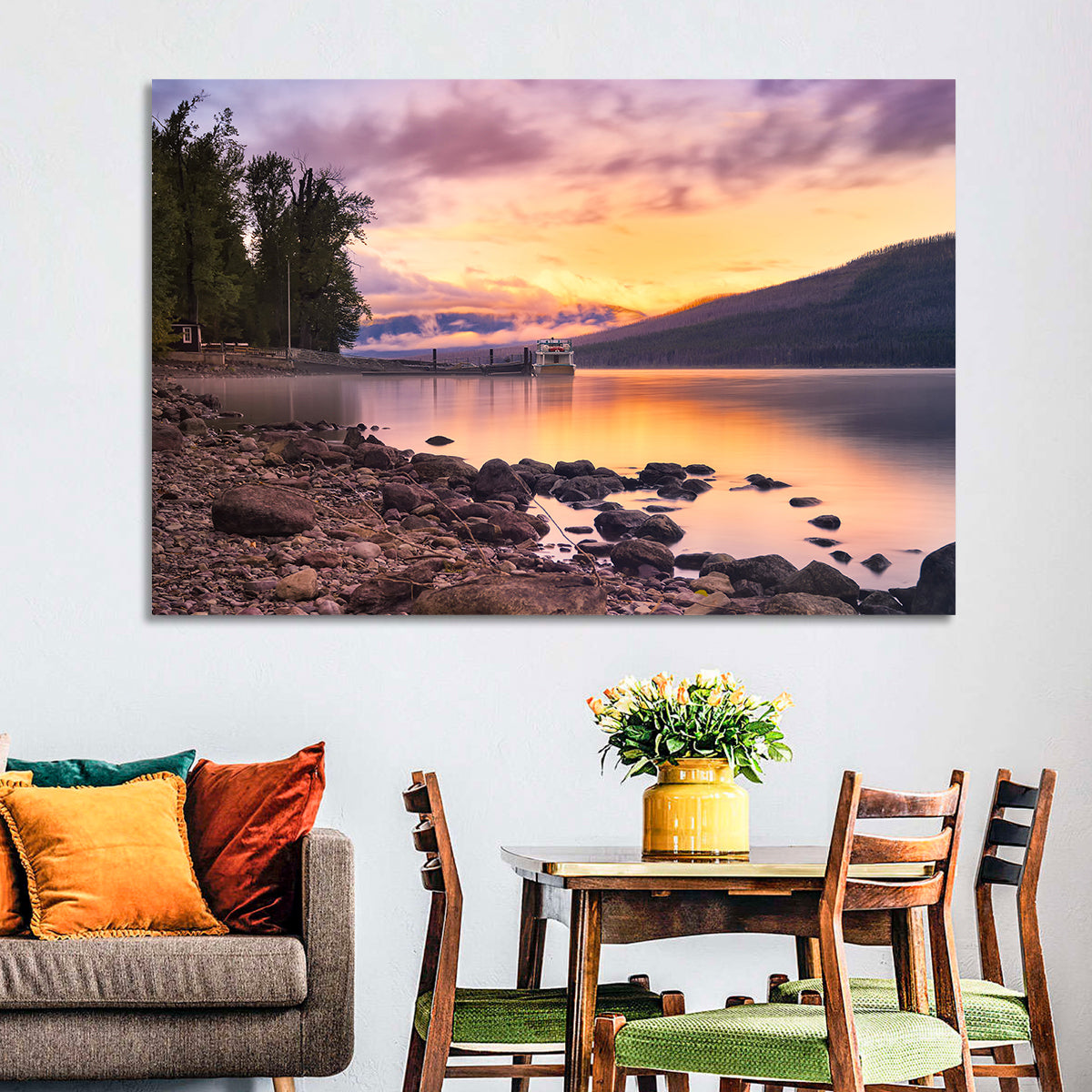 Lake Mcdonald Sunset Reflection Wall Art in a room, landscape