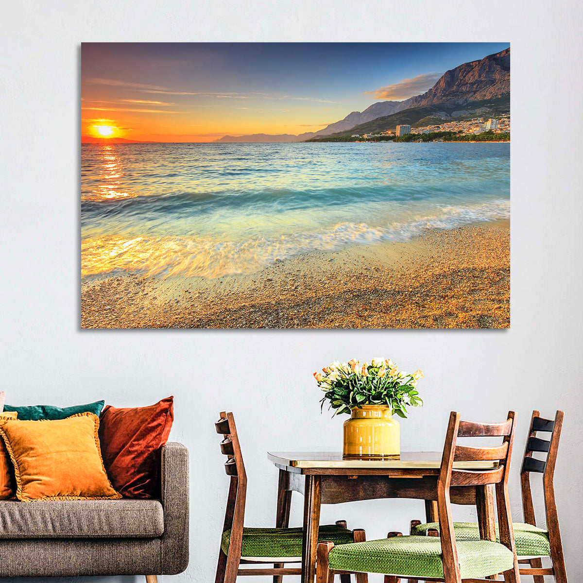 Makarska Pebble Beach Sunset Wall Art in a room, landscape
