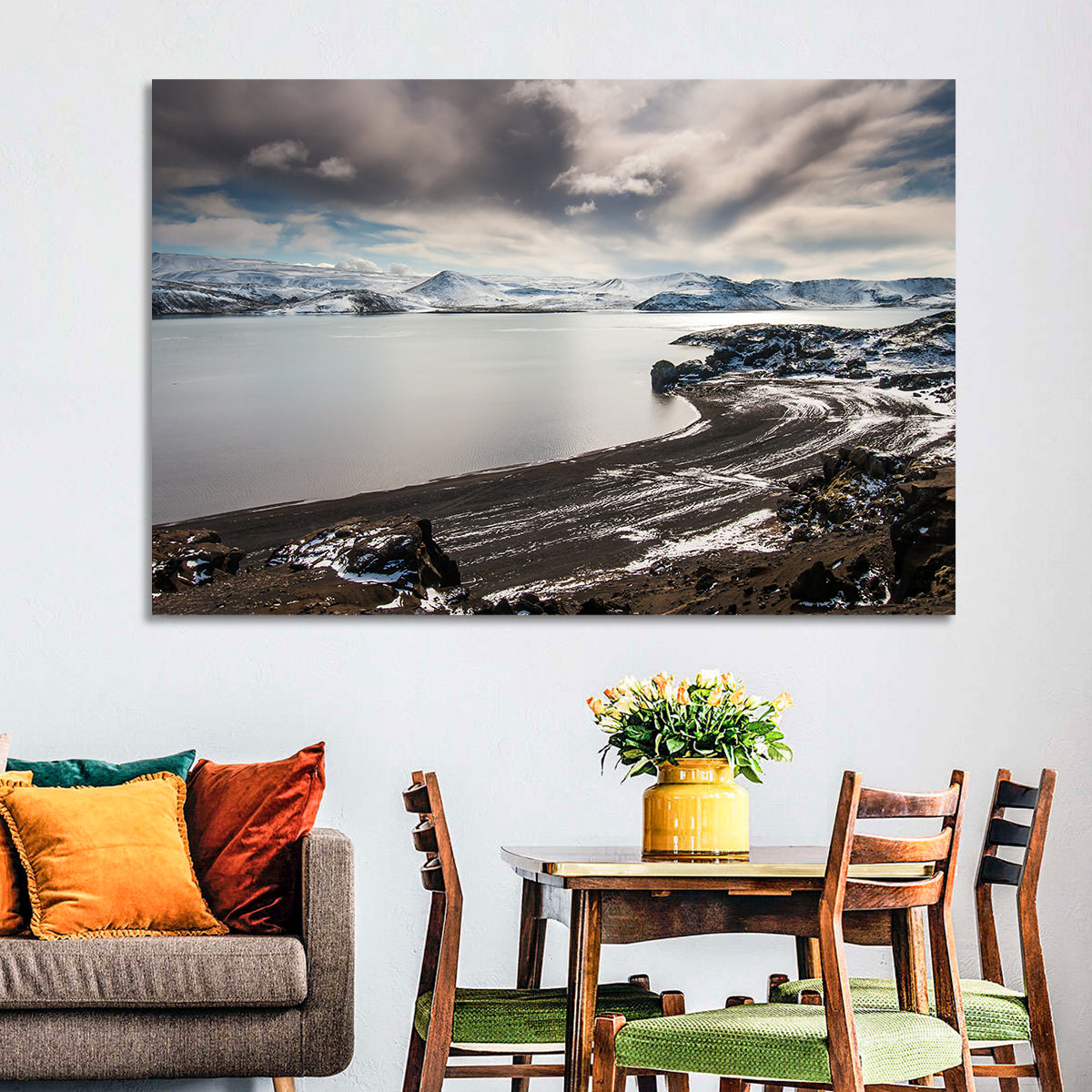 Kleifarvatn Black Sand Shore Wall Art in a room, landscape