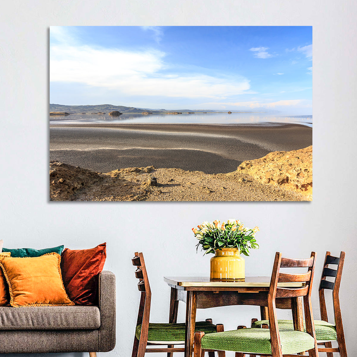 Lake Natron Flamingos Wall Art in a room, landscape