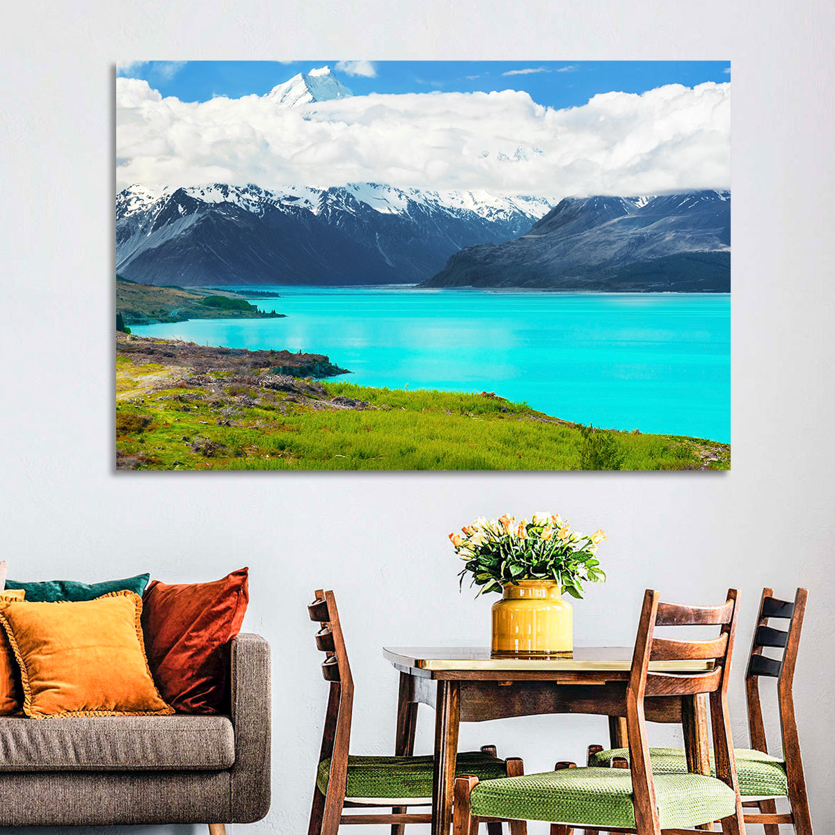 Turquoise Lake Pukaki with Mount Cook Wall Art in a room, landscape