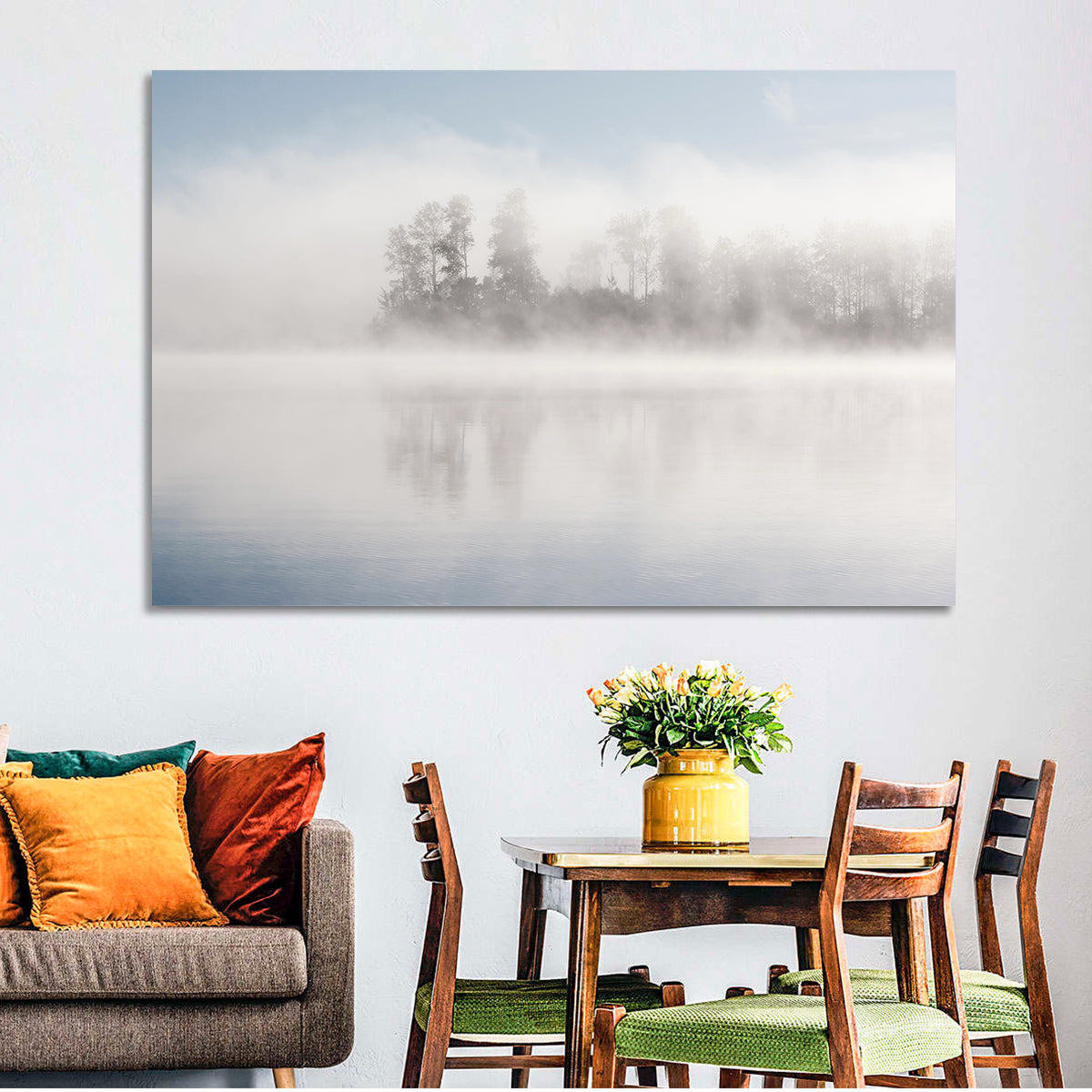Misty Forest Lake Wall Art in a room, landscape