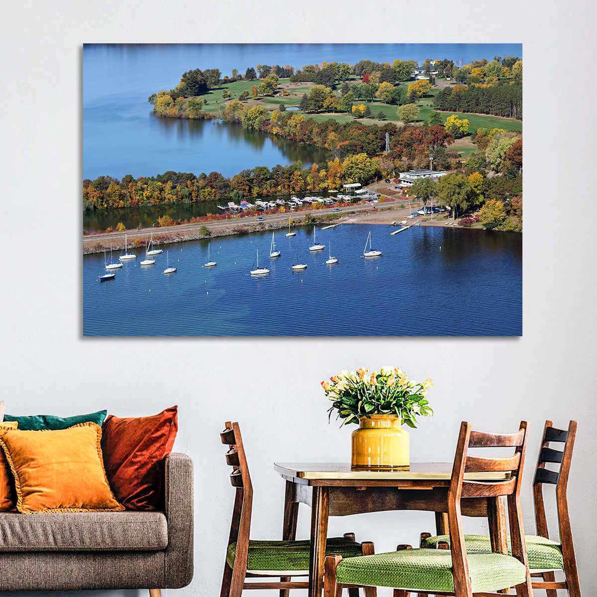 Lake Wissota Aerial Wall Art in a room, landscape