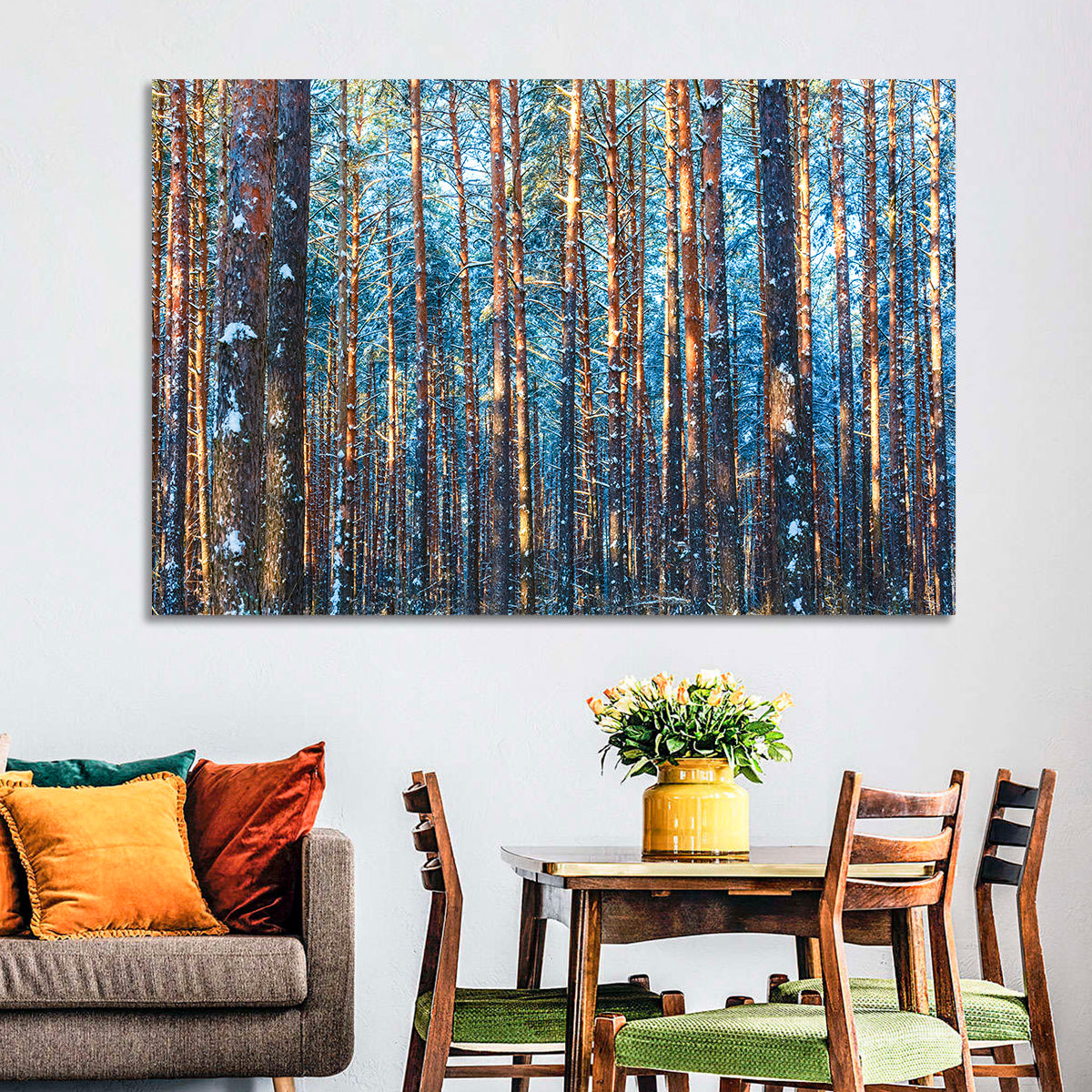 Golden Hour Winter Pine Forest Wall Art in a room, landscape