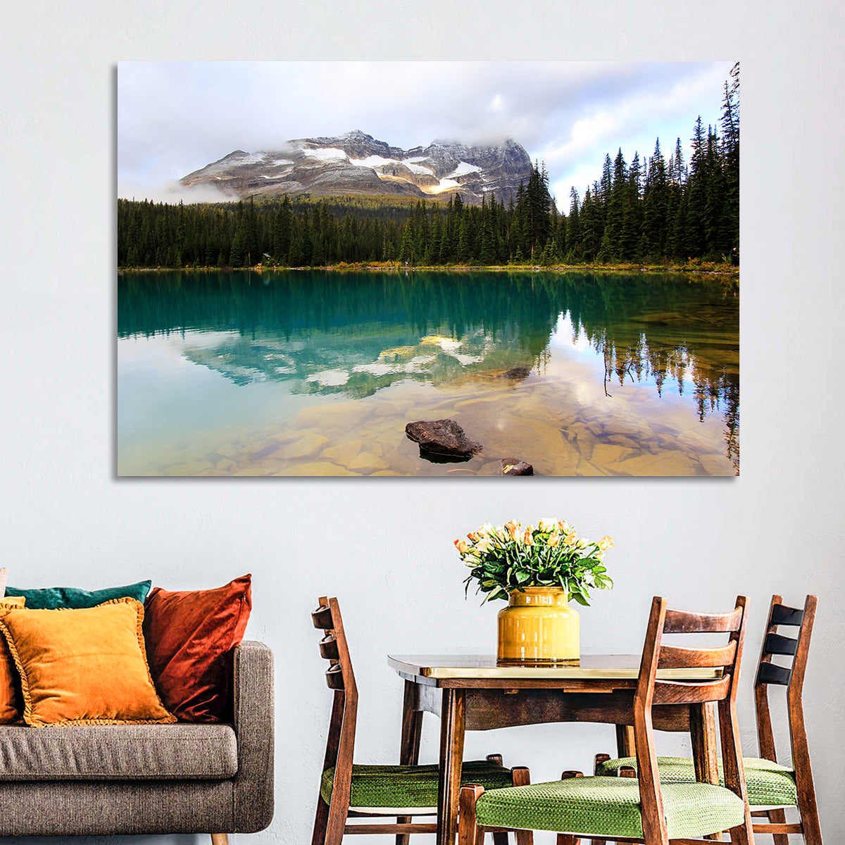 Lake O Hara Mountain Reflection Wall Art in a room, landscape