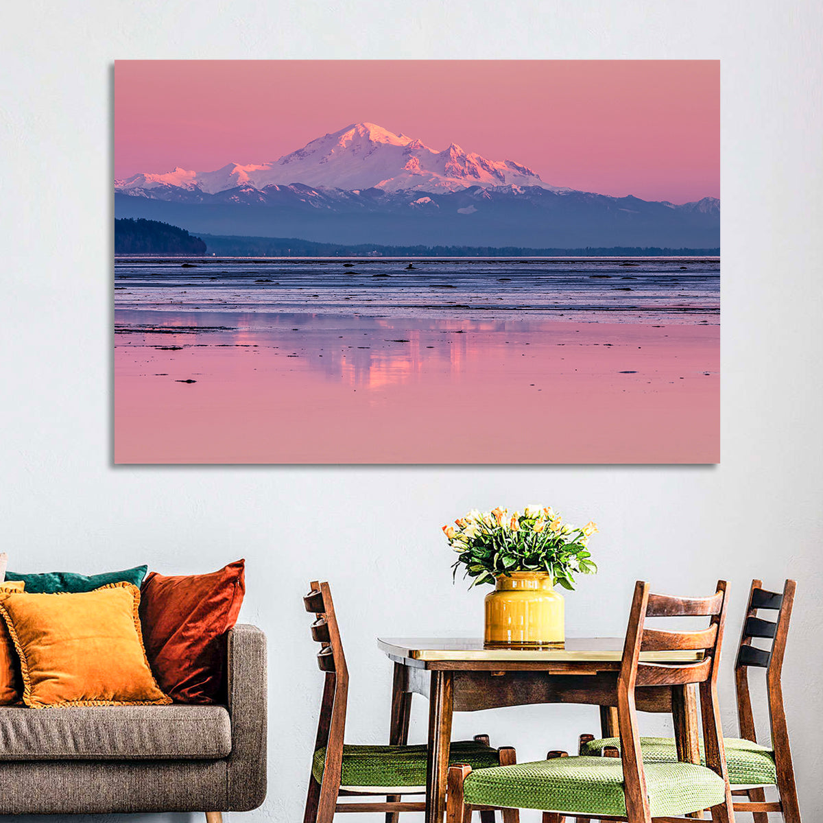Mount Baker Sunset Wall Art in a room, landscape