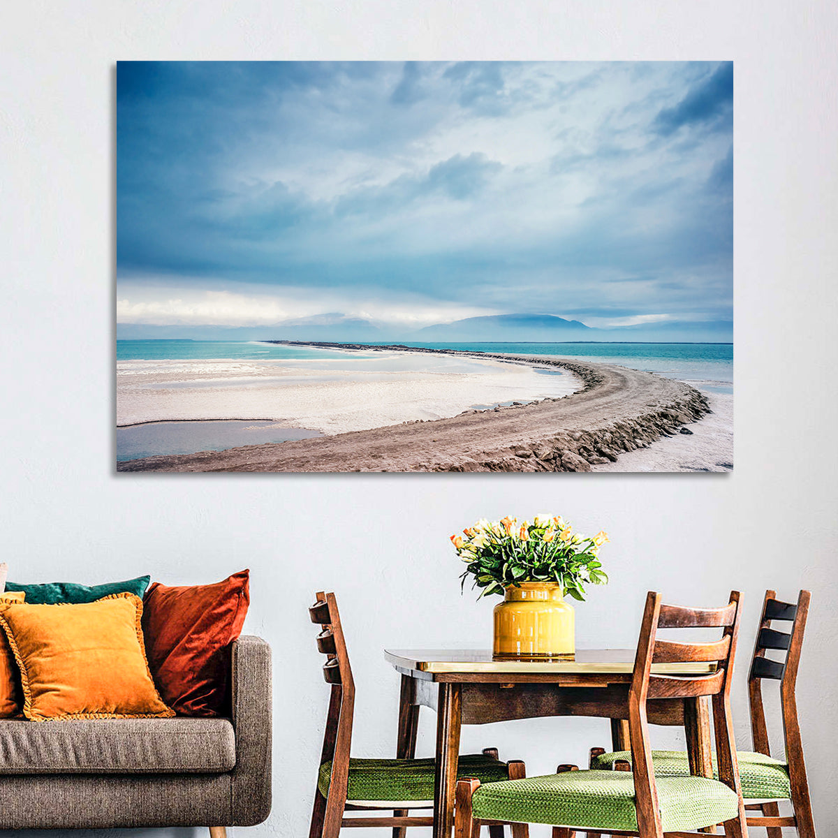 Dead Sea Salt Flats Coastline Wall Art in a room, landscape