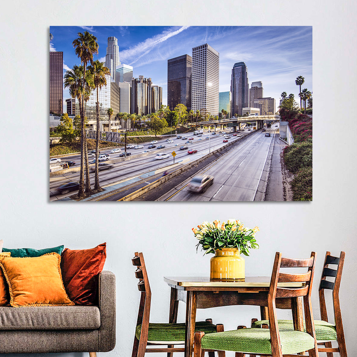 Los Angeles Freeway to Downtown Skyline Wall Art in a room, landscape