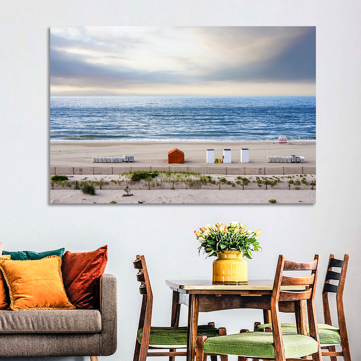 Cape May Beach Huts Wall Art in a room, landscape