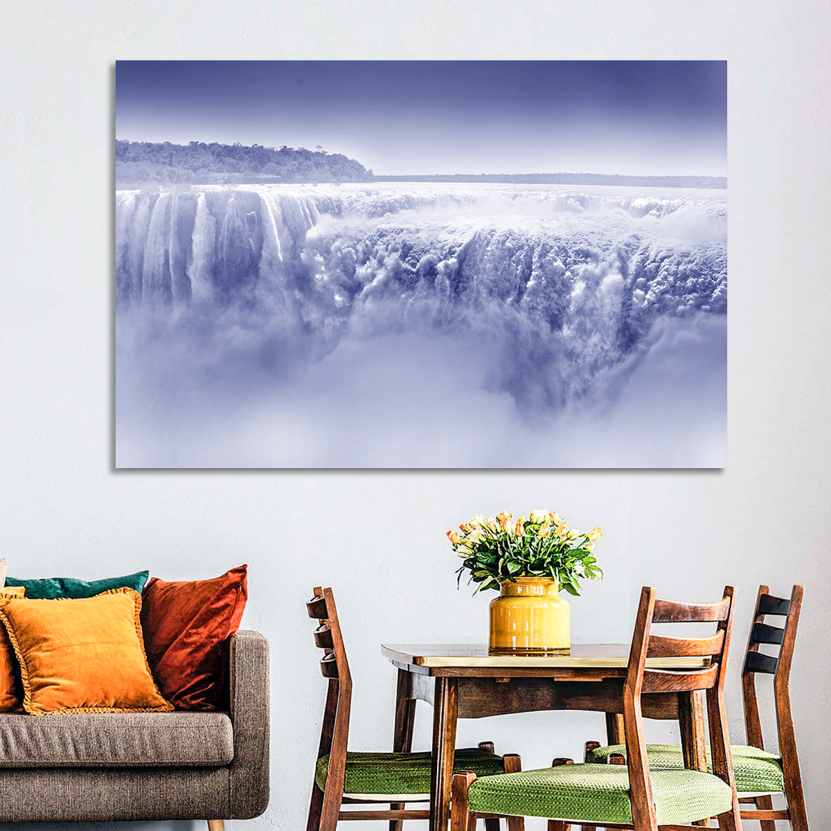 Iguazu Falls Blue Monochrome Wall Art in a room, landscape