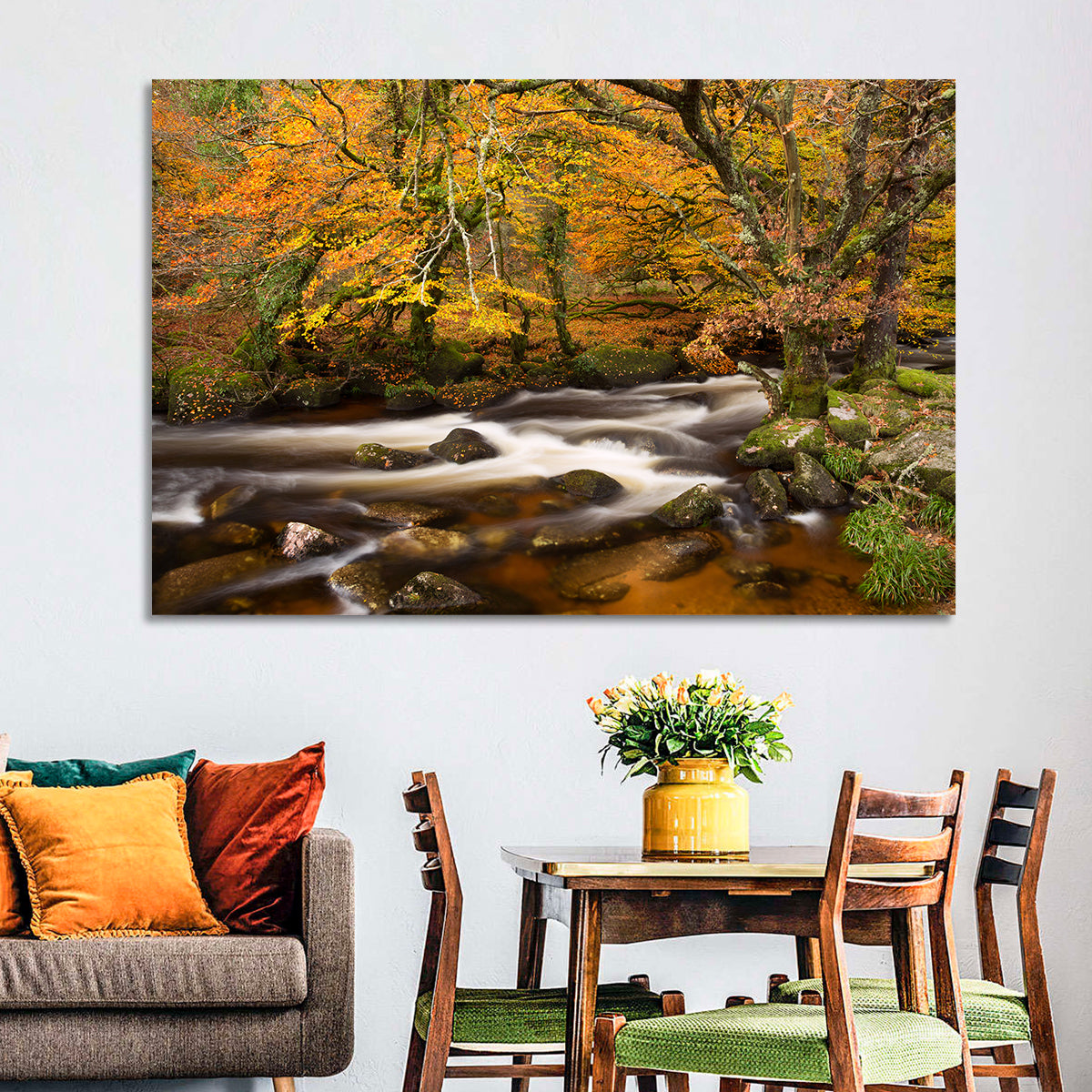 Dartmoor Autumn River in Golden Forest Wall Art in a room, landscape