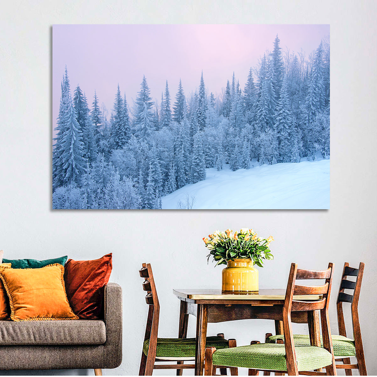 Snowy Winter Forest Wall Art in a room, landscape