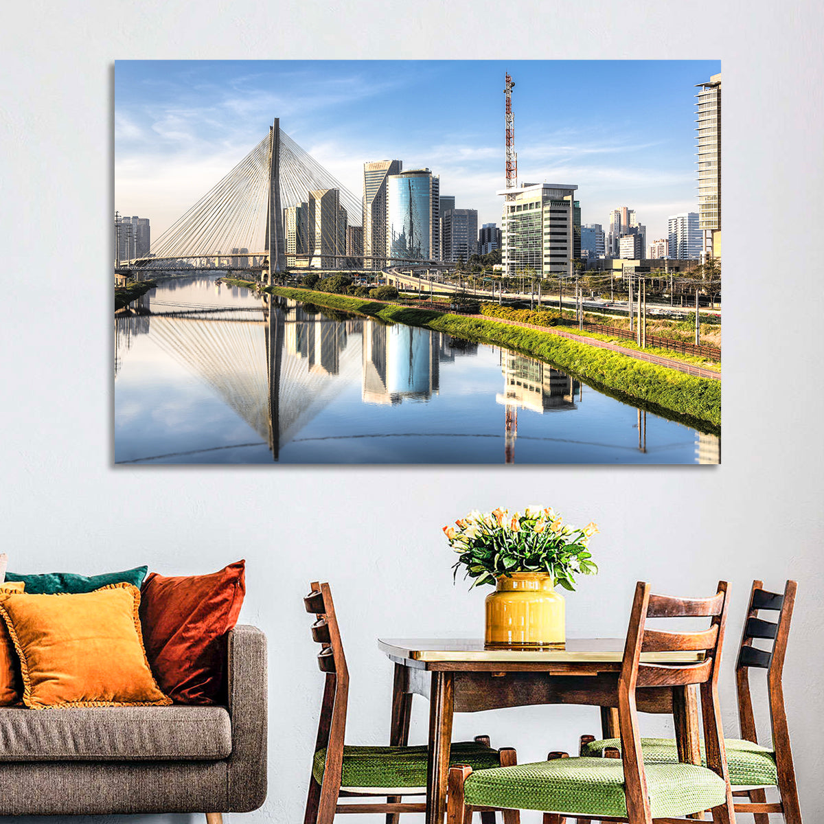 Estaiada Bridge Reflections Wall Art in a room, landscape