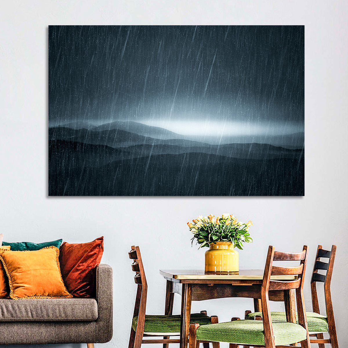 Rain Storm Over Mountains Wall Art in a room, landscape