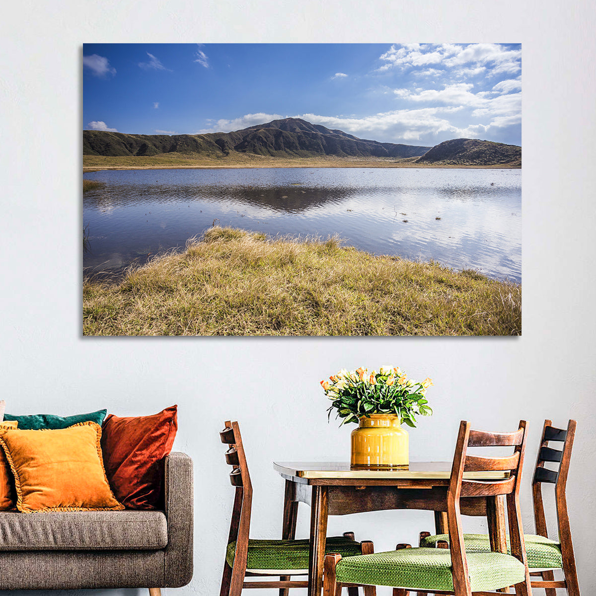Mount Aso Lake Reflection Wall Art in a room, landscape
