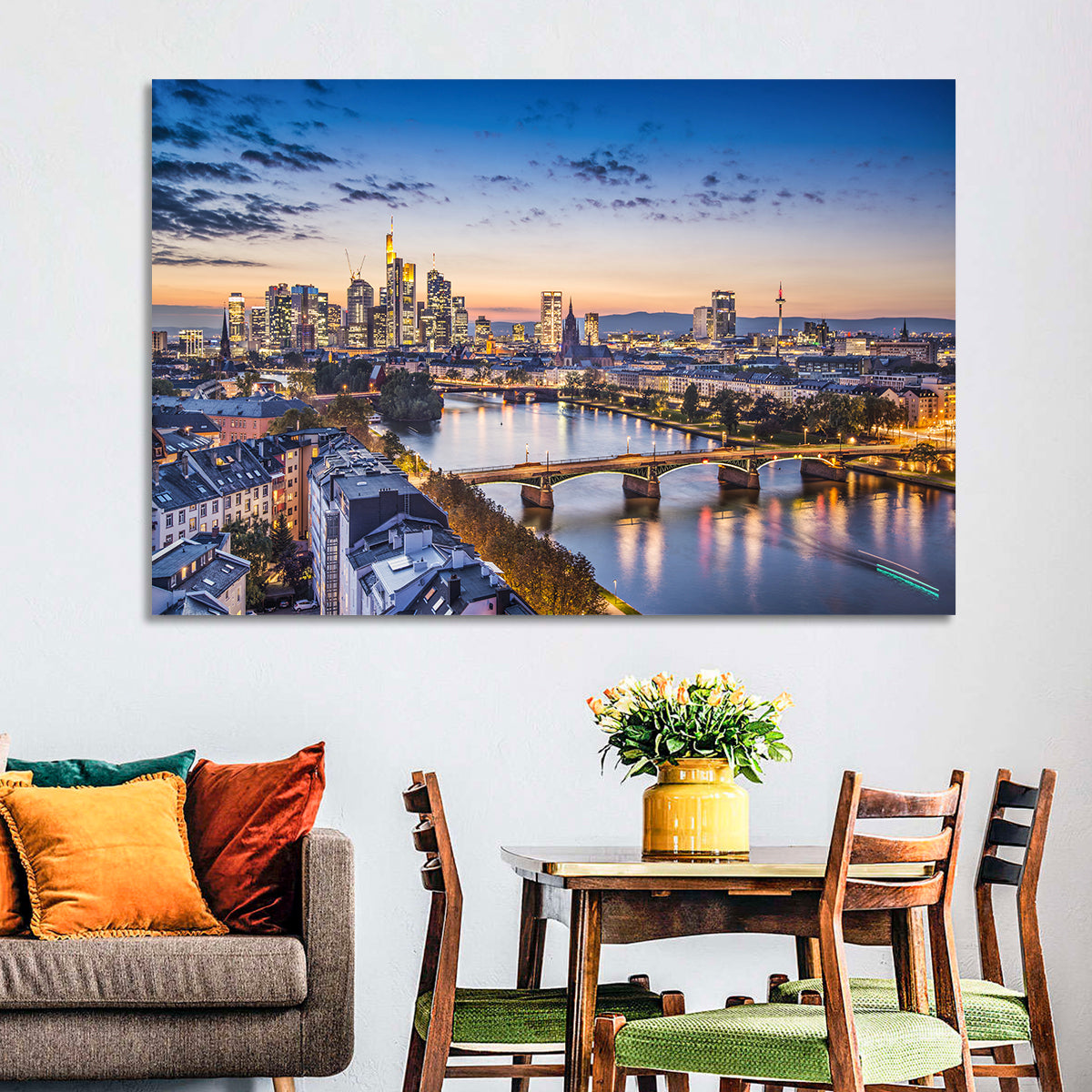 Frankfurt Twilight Skyline Wall Art in a room, landscape