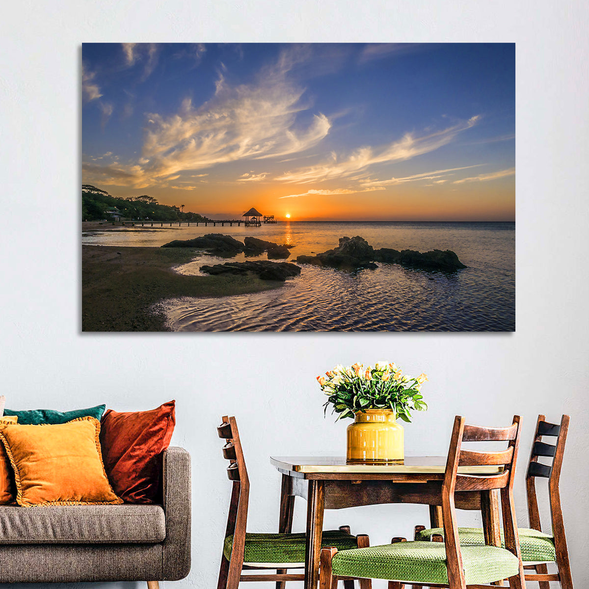Roatan Pier Sunset Wall Art in a room, landscape