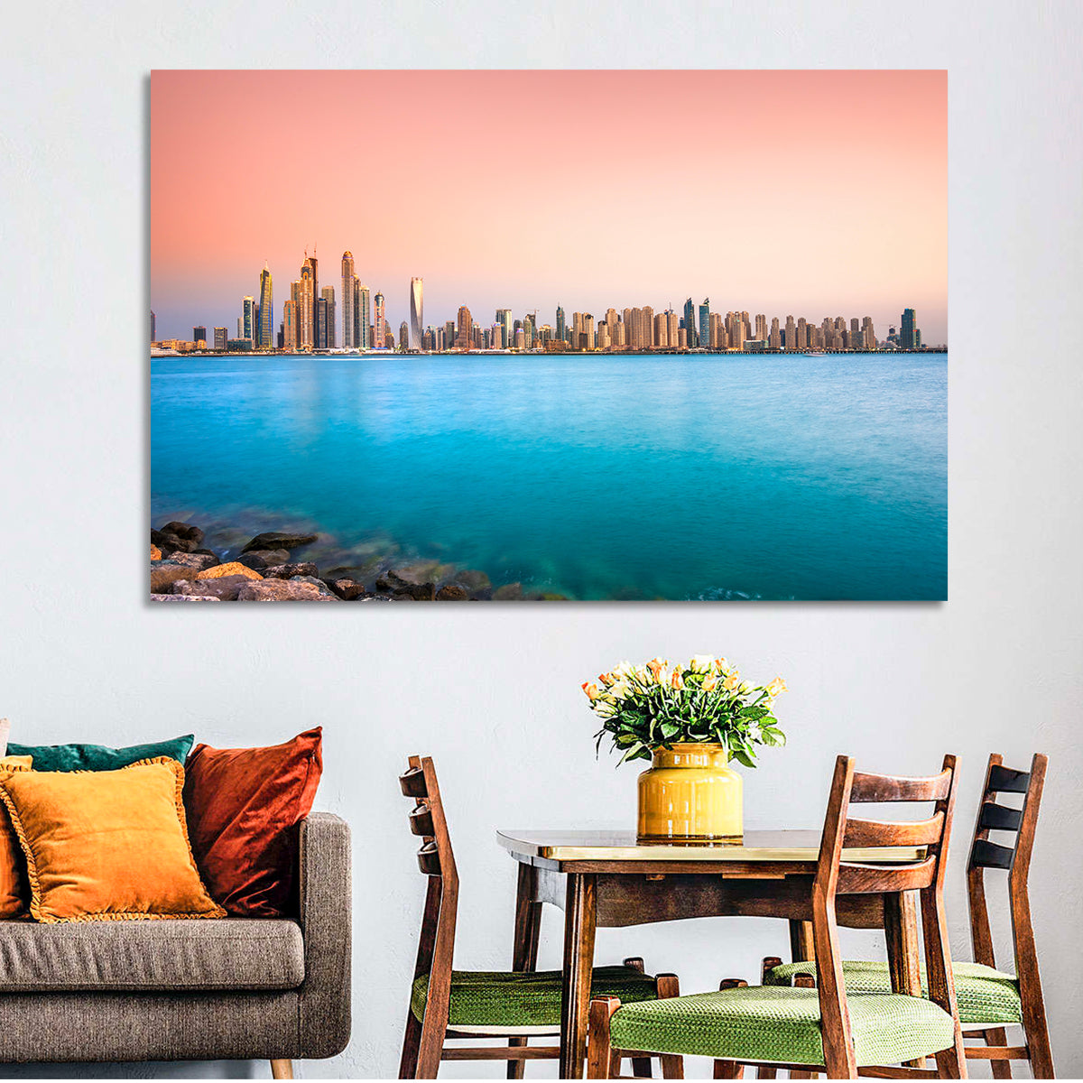 Dubai Marina Skyline Wall Art in a room, landscape