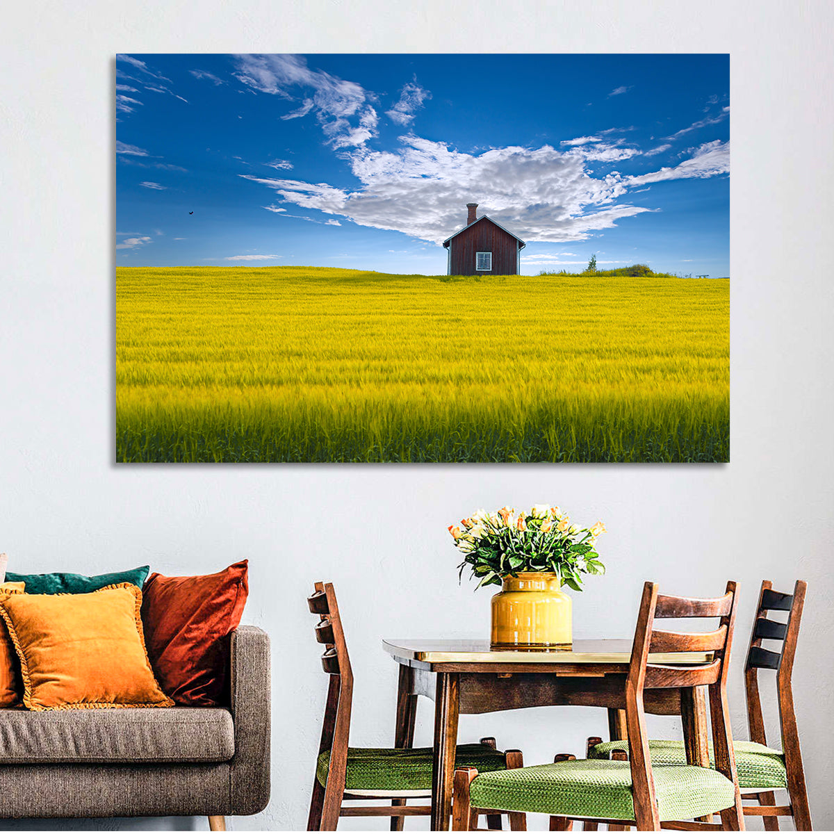 Red Barn in Golden Wheat Field Wall Art in a room, landscape