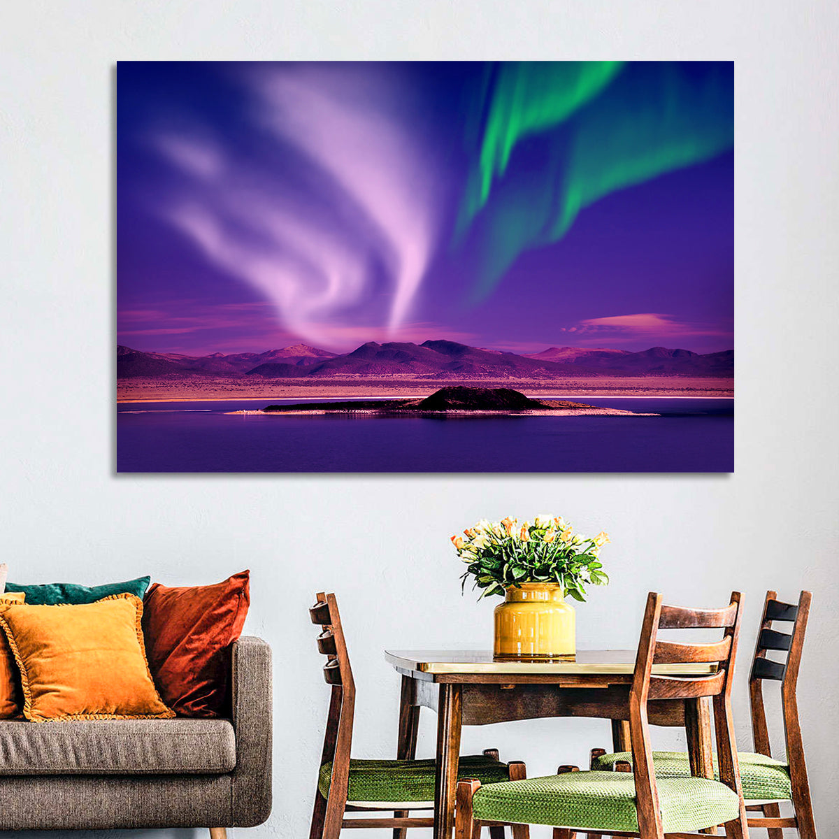Violet Aurora Over Island Lake Wall Art in a room, landscape