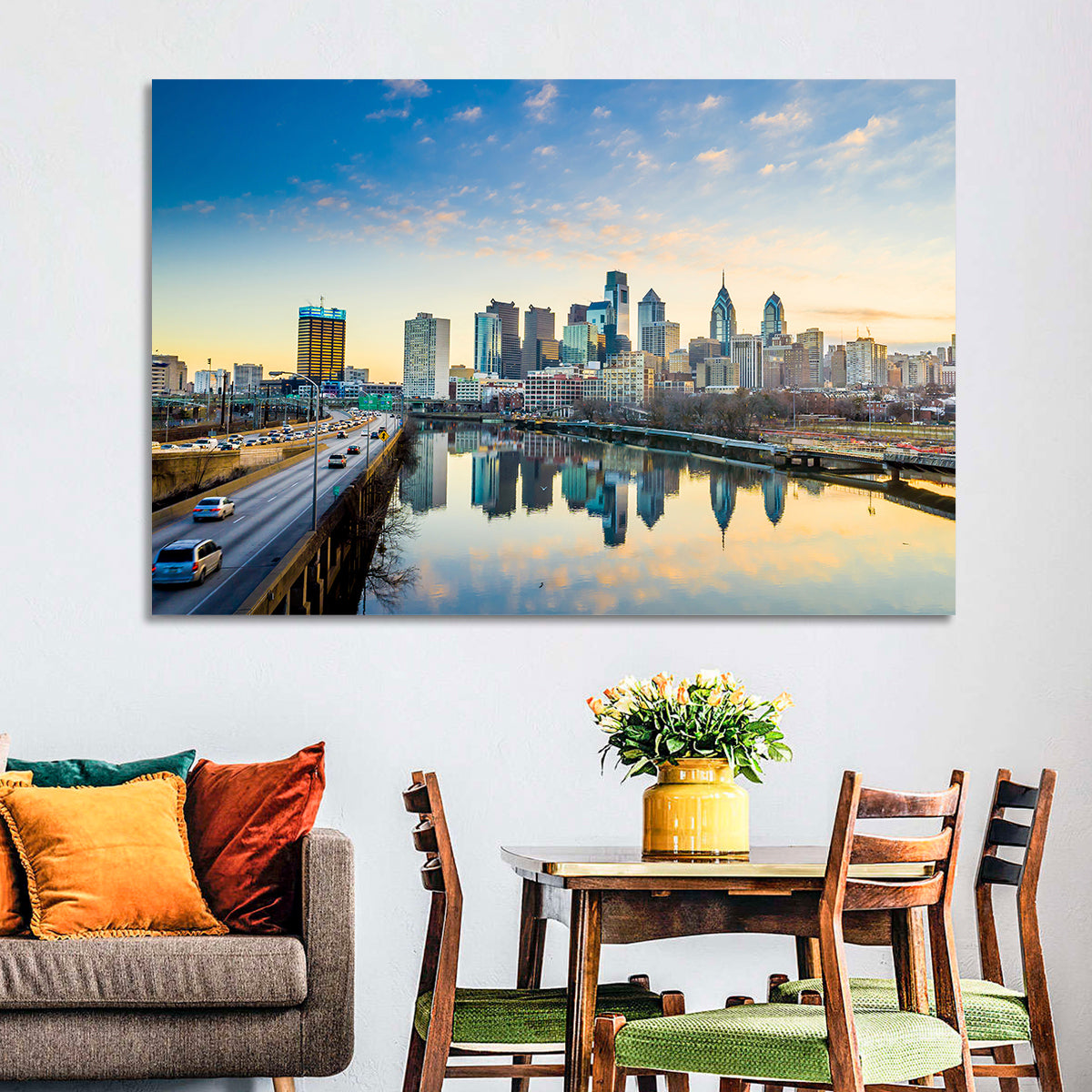 Philadelphia Skyline at Dusk Wall Art in a room, landscape